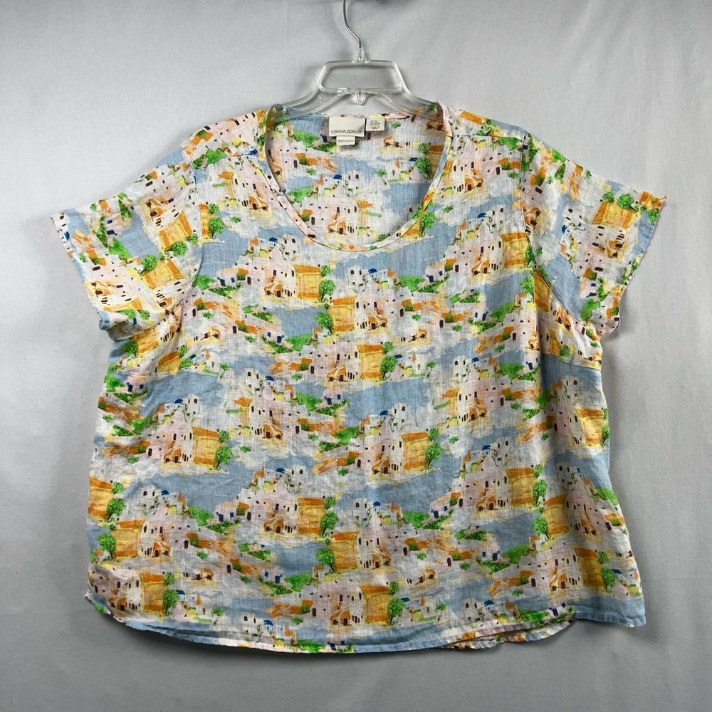 Cynthia Rowley Linen Top Womens size 3X TShirt Round Neck Abstract City Print